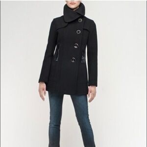 Mackage Isa Wool Cashmere Peacoat Black Asymmetrical Leather Trim Coat S